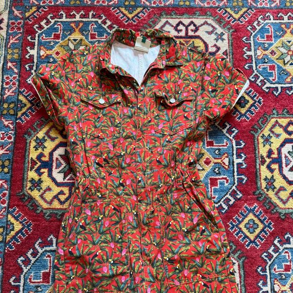 Farm Rio Toucan Orange Jumpsuit Zip up short sleeve Jungle Print Summer - Picture 4 of 6